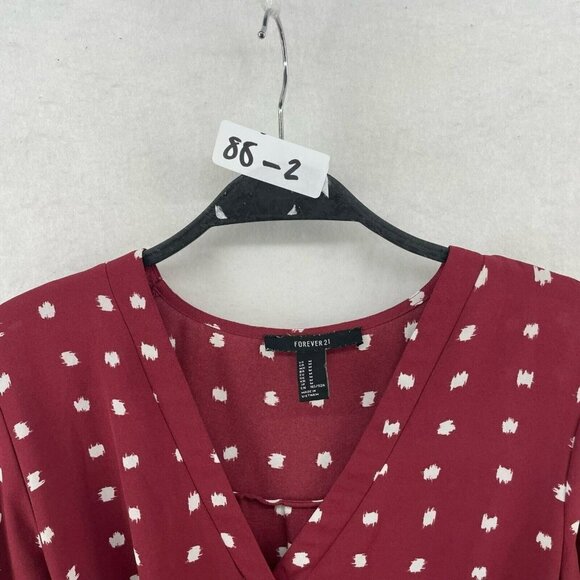 Forever21 Dress Sz M Wine Red Shift White Polka Dot V-Neck Tie Waist Long Sleeve - Picture 11 of 11